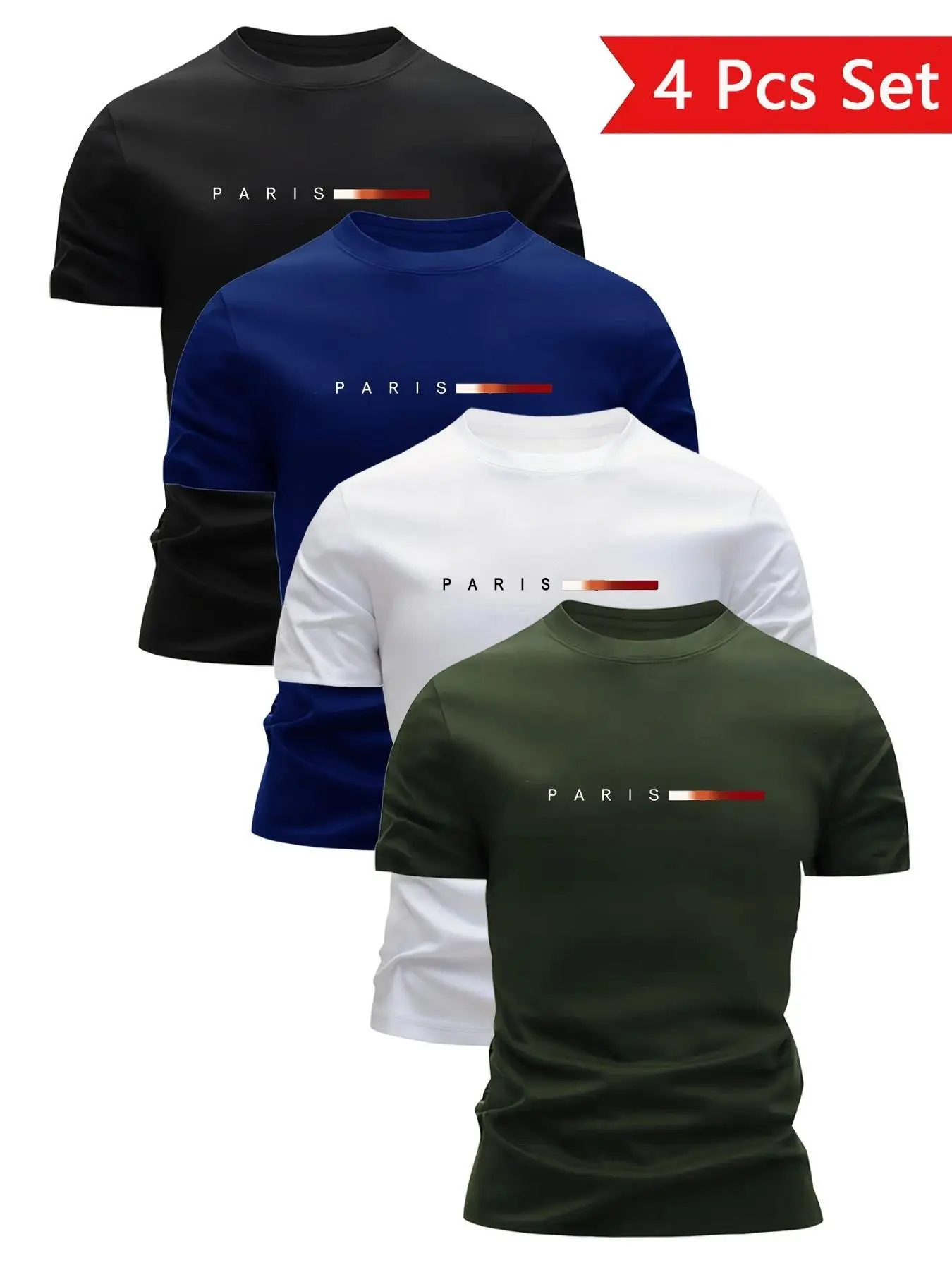 4-Pack Paris Print Short Sleeve Men's T-Shirts, Lightweight Round Neck, Quick-Dry Breathable Sweat-Wicking, Summer Wear Casual Gift, Classic