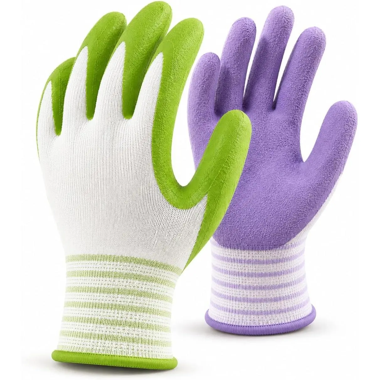 Anti-Slip Grip Bamboo Fiber Gardening Gloves - Touch-Sensitive, Breathable, Rubber Coated, Palm Texture Pair Gloves in Green & Purple, Sizes S-XL