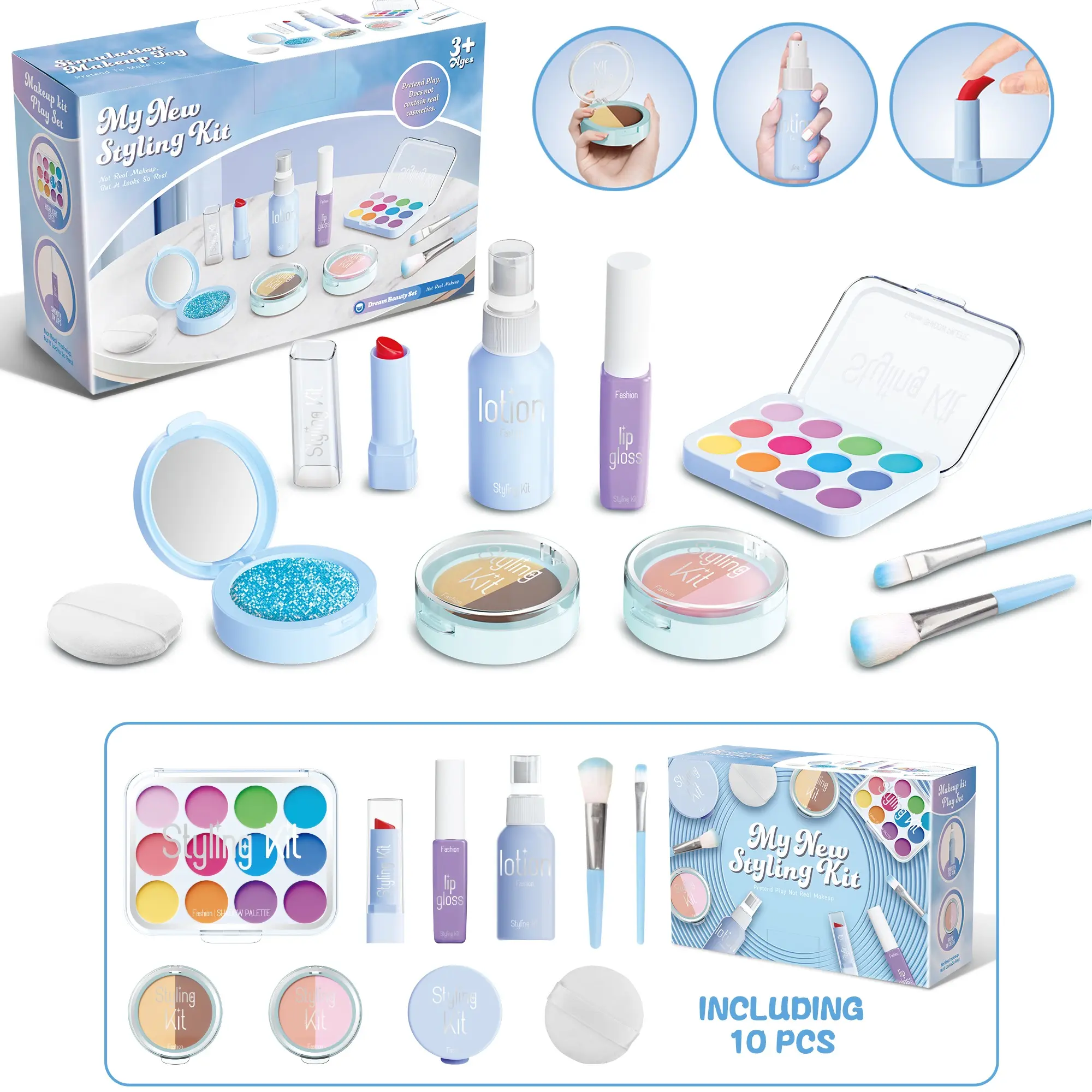 10-Piece Realistic Makeup Set Toy Pretend Playset for Girls, Includes Eyeshadow Palette & Brushes, Safe Non-Toxic Playhouse Gift for Kids Aged 3+