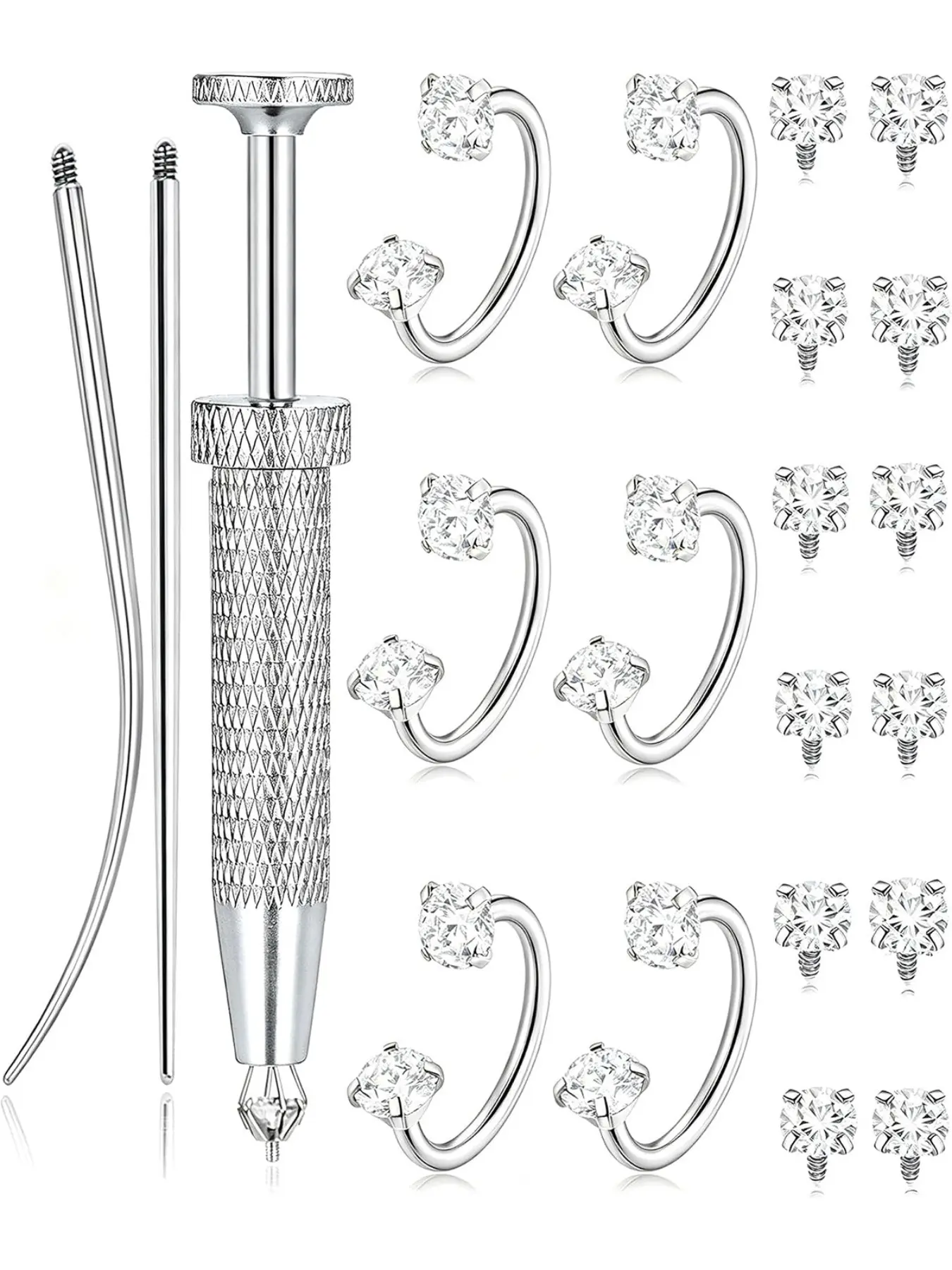 Horseshoe Nose Ring 20g 316L Medical Steel, Dual Cubic Zirconia, Inner Thread Cartilage Stud, Unisex, Silver Color, All Seasons