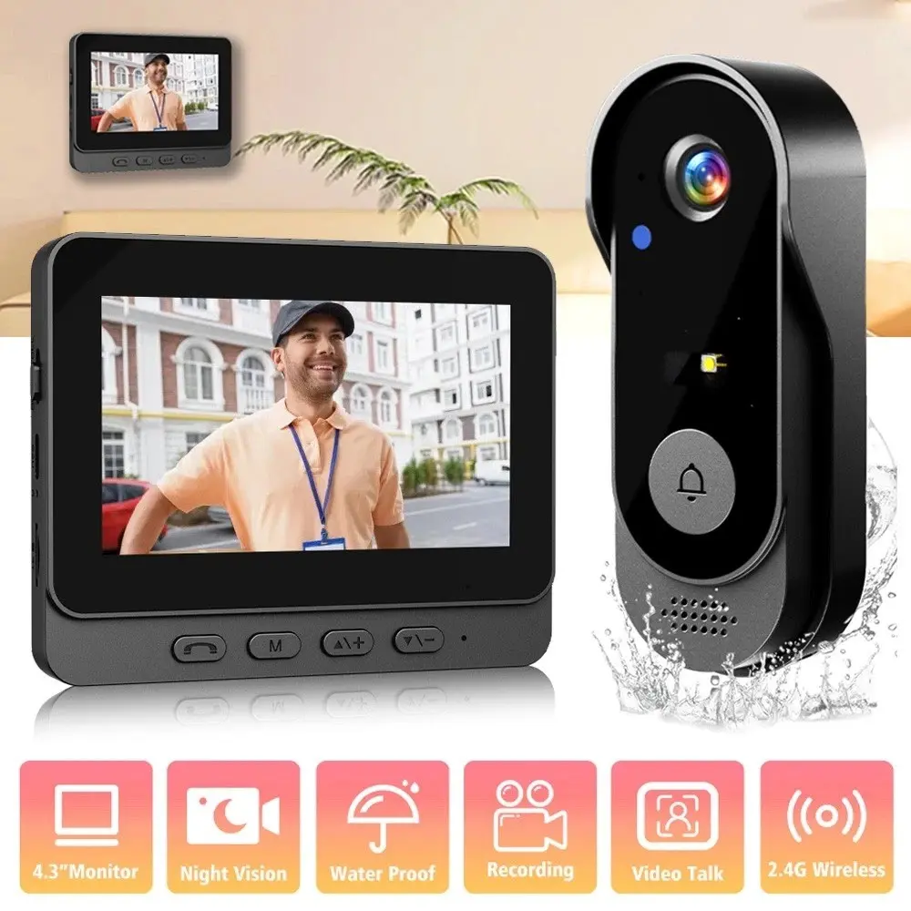 Wireless Video Doorbell with 4.3 Inch Color Screen, 2.4g Connection, Night Vision, Waterproof Ip66, Long Battery Life, No APP Needed, Wireless Smart Doorbell