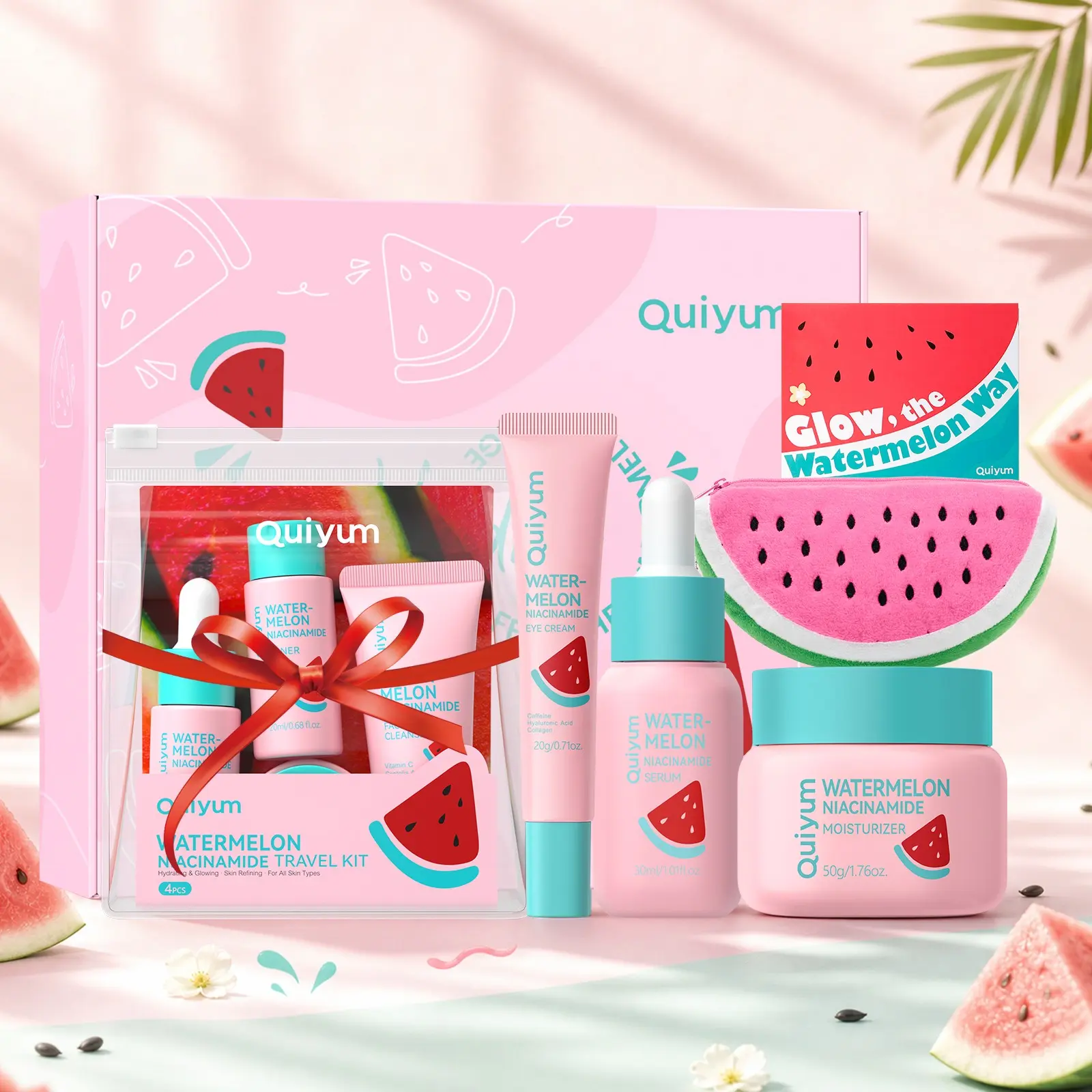 Watermelon Skincare Gift Set for Teen Girls, 8-Piece Niacinamide Face Care Kit with Full Size Serum, Moisturizer, Eye Cream,Daily Hydrating Routine Kit for Teens Students with Soft Cute Watermelon Pouch, Moisturizing Care Set