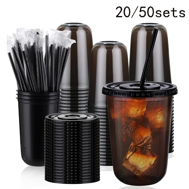 20/50 Sets 16 oz Clear Plastic Tumbler Cups with Lids and Straws, Bulk Plastic Cups, Disposable Cold Drink Cups for Ice Coffee, Milk Tea, Smoothies, Party Activities, Party Supplies