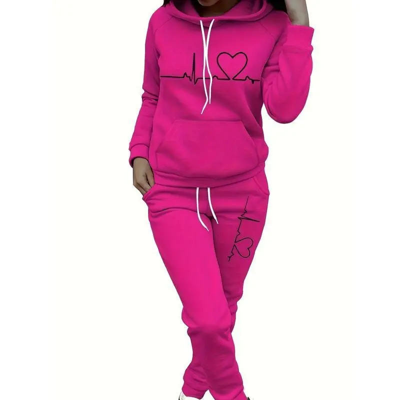 Women's Maroon Casual Autumn/Winter Suit-Heartbeat Print Hoodie with Kangaroo Pocket Jogger Pants Suit Womenswear  Minimalist Rose Red Lounge Sets