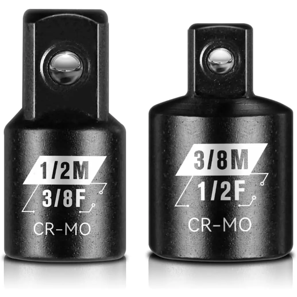 2 count  Socket Adapter and Reducer Set, 3/8" to 1/2" & 1/2" to 3/8" Socket Adapter Set, SAE Drive Cr-Mo Steel Exceeds ANSI Standards, Square Drive Adapter for  Driver Wrench