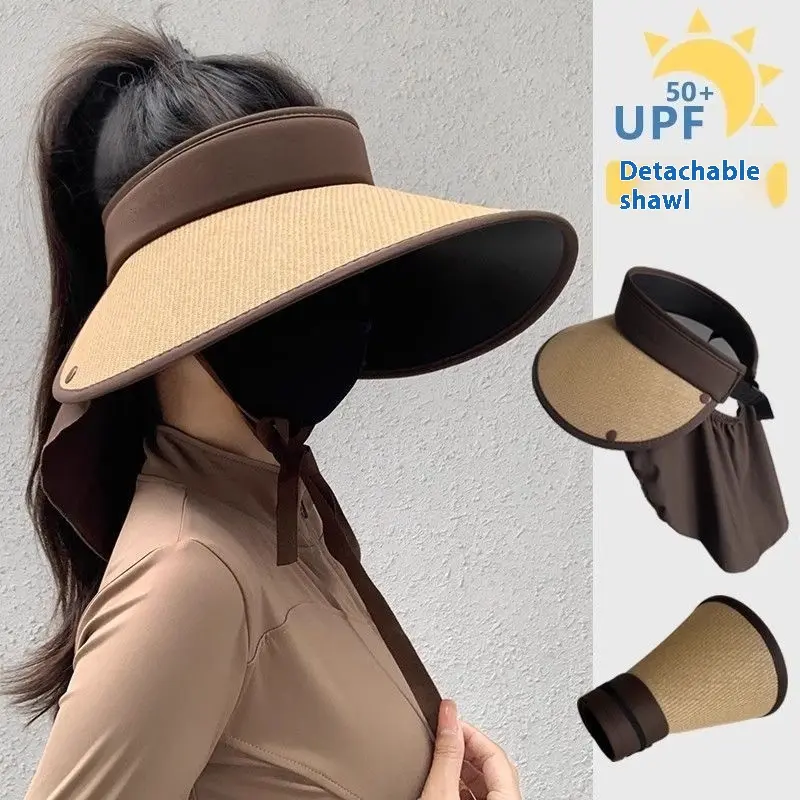 Women's Elegant Straw Sun Hat with Wide Brim and Neck Shawl, Breathable Dome Crown, UPF 50+ Protection for Summer Travel