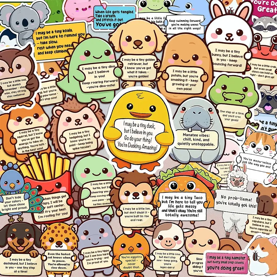 Set of 50 Emotional Companion Animal Stickers — Inspirational Slogan Stickers for Both Adults and Kids, Featuring Cute Soothing Animal Patterns. Made of vinyl printed with positive quotes, suitable for water cups, laptops and mobile phones.