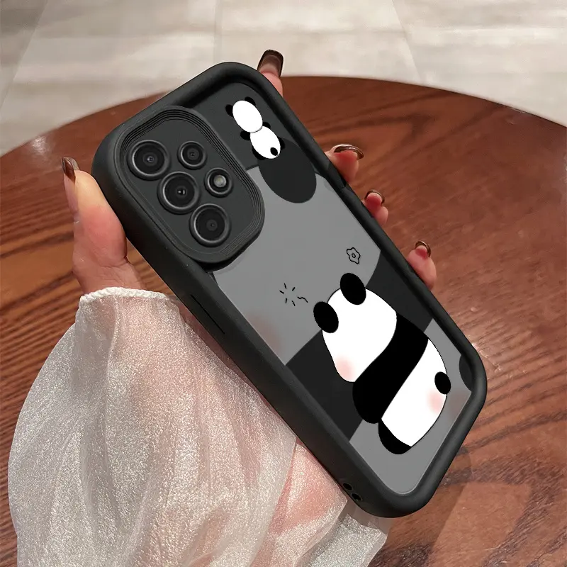 Minimal Grey Background Peeking Blush Panda Cartoon Phone Case, Matte High Bumper Shockproof Full Wrap Camera Lens Cover, Funny Kawaii Cute Animal Girly Birthday Gift Case for iPhone 17,17E, 16, 15, 14, 13, 12, 11 Pro Max & Samsung S21-S26, A13-A54