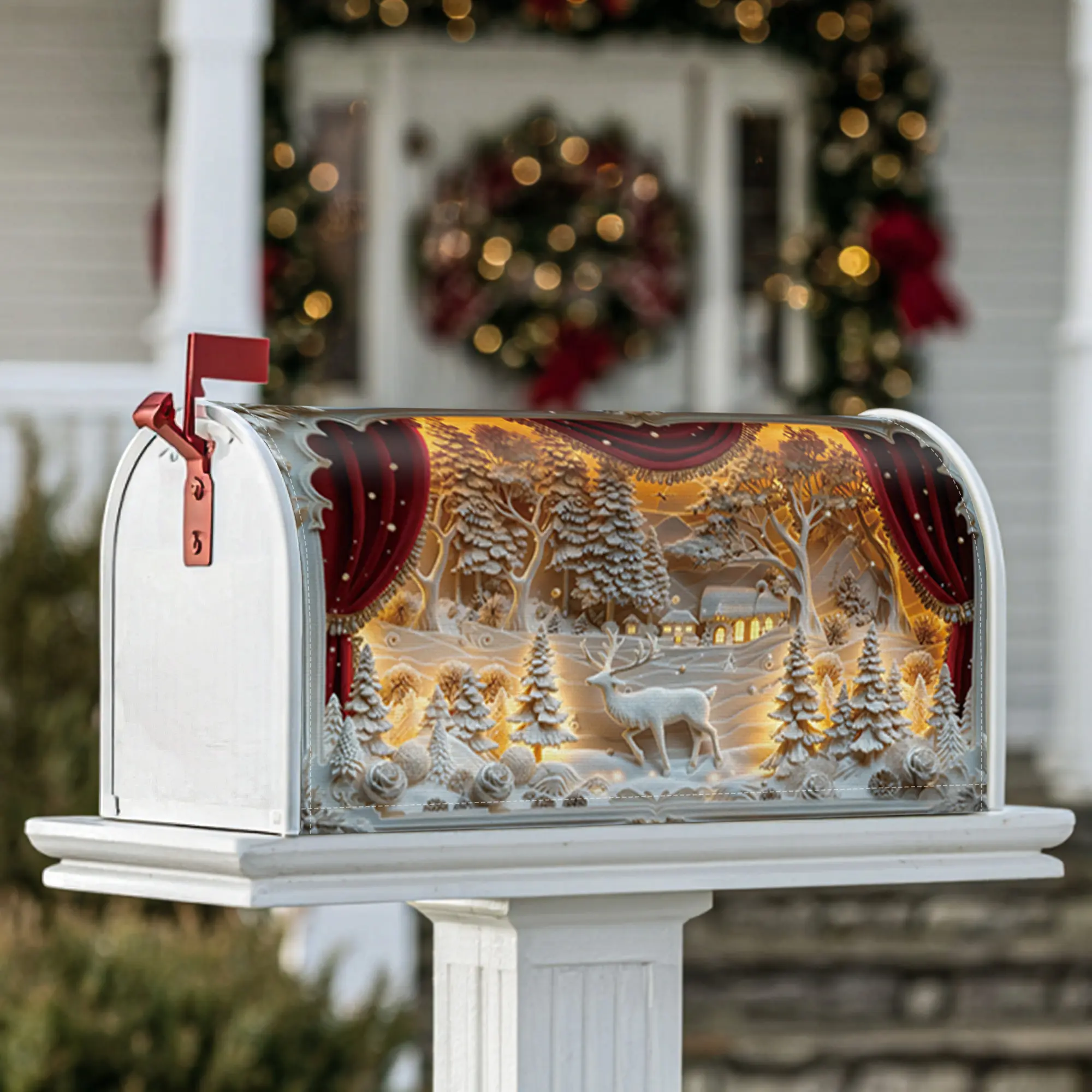 deer Magnetic Mailbox Covers, Christmas winter snowy trees cabin Christmas red Mailbox Post Protector for Home Garden Decorations