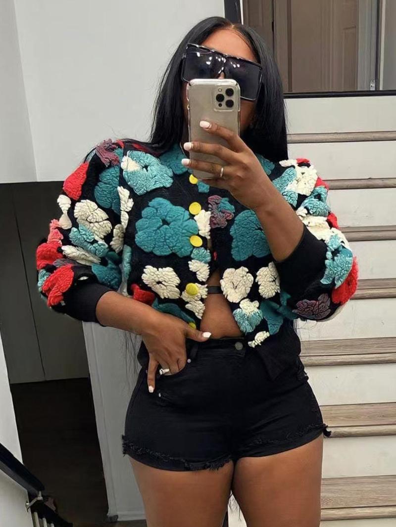 【Plus Size】 Floral Print Button Front Crop Jacket, Casual Long Sleeve Open Front Outerwear for Fall & Winter, Coat, Women's Clothes for Daily Wear, Clothing, Womenswear