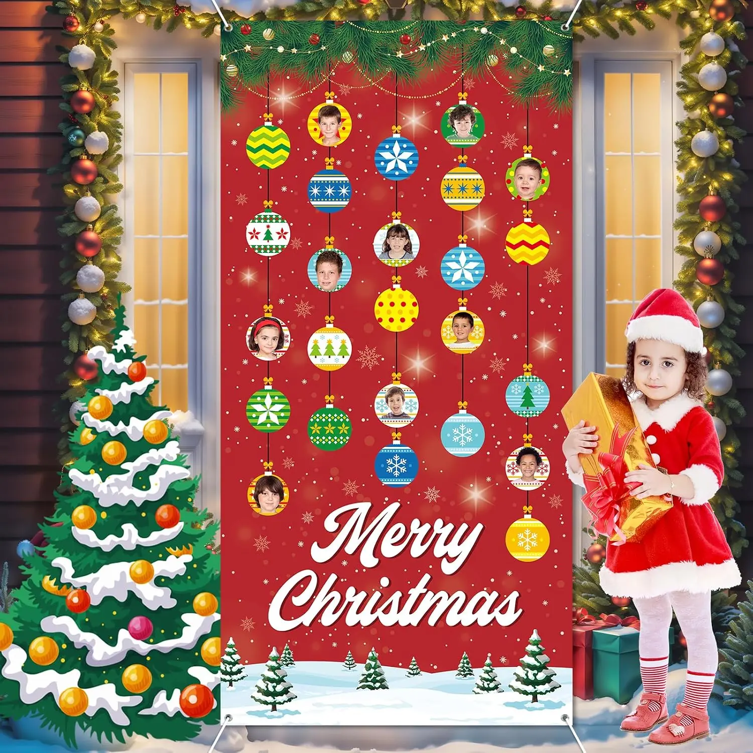 Modern Washable Christmas Door Hanging Set - Door Cover, Ornament Balls, Banner, Backdrop for Winter Holiday School Classroom Decor (Single Set, Indoor-Outdoor Party Supplies)