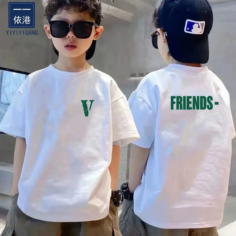 Letter Printed Simple Double-sided Printed T-shirt for Children Pure Cotton Round Neck Personalized Parent-child Outfit