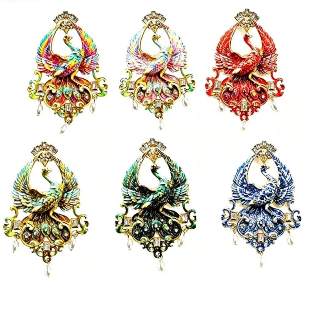 6 Styles Phoenix Brooch Gold Frame Color Enamel Teardrop Pearl Drop Multi Crystal Unisex Lucky Bird Evening Dress Pin Set