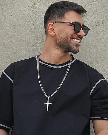 MILACOLATO Solid 925 Sterling Silver Cross Necklace for Men Women, 2mm Diamond-Cut Sterling Silver Chain with Cross Pendant Beveled Edge for Men, Silver Crucifix Cross Necklace Jewelry 16-24 Inches (Cuban Chain/Figaro Chain/Wheat Chain/Rolo Chain)