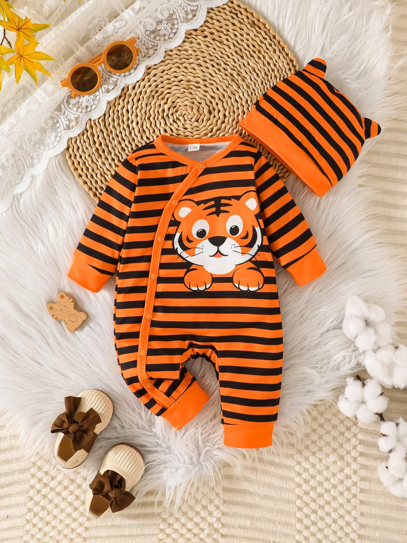 Infant Jumpsuit, Baby Clothing, striped cotton jersey, cartoon tiger print, side snap placket, easy diaper change, unisex infant 1 to 12 months, home rest travel daily outfit