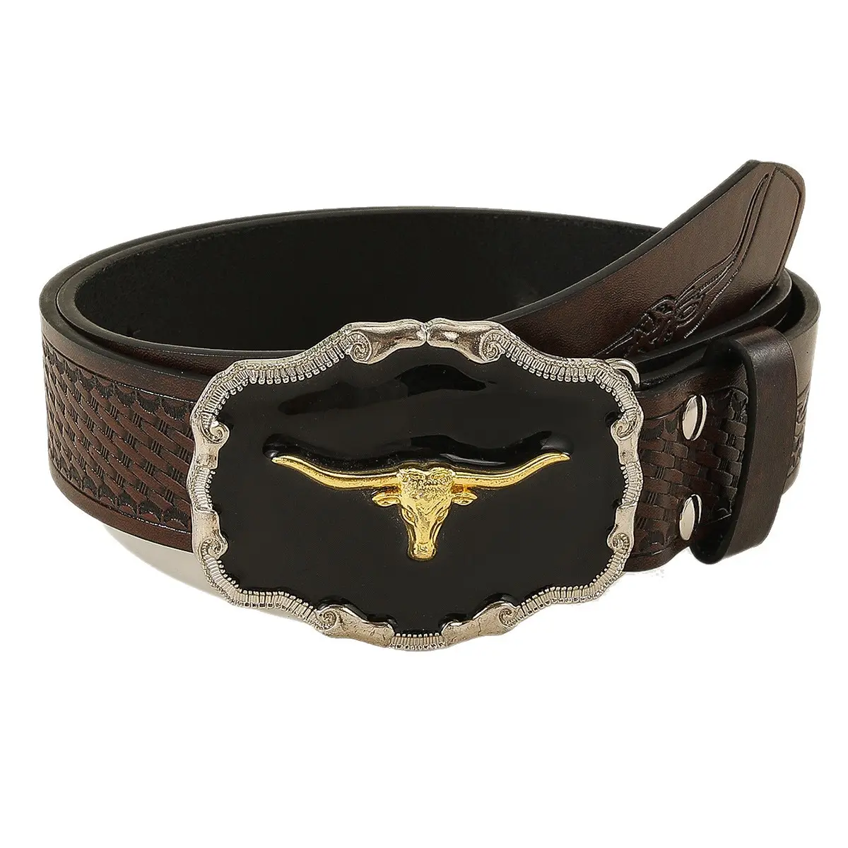 Men's Vintage 3.8cm Wide Long-Horn Horns Bull Head Belt, Heavy Duty Textured Embossed Leather Strap, Polished Alloy Buckle Male Belt for Rodeo Casual Wear