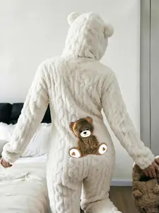 Women's Cute Teddy Bear Embroidered Hooded Long Sleeve Plush Jumpsuit, Comfortable Fashion Design, Perfect Gift for Her, Casual Fall & Winter Wear, Loungewear Nightwear