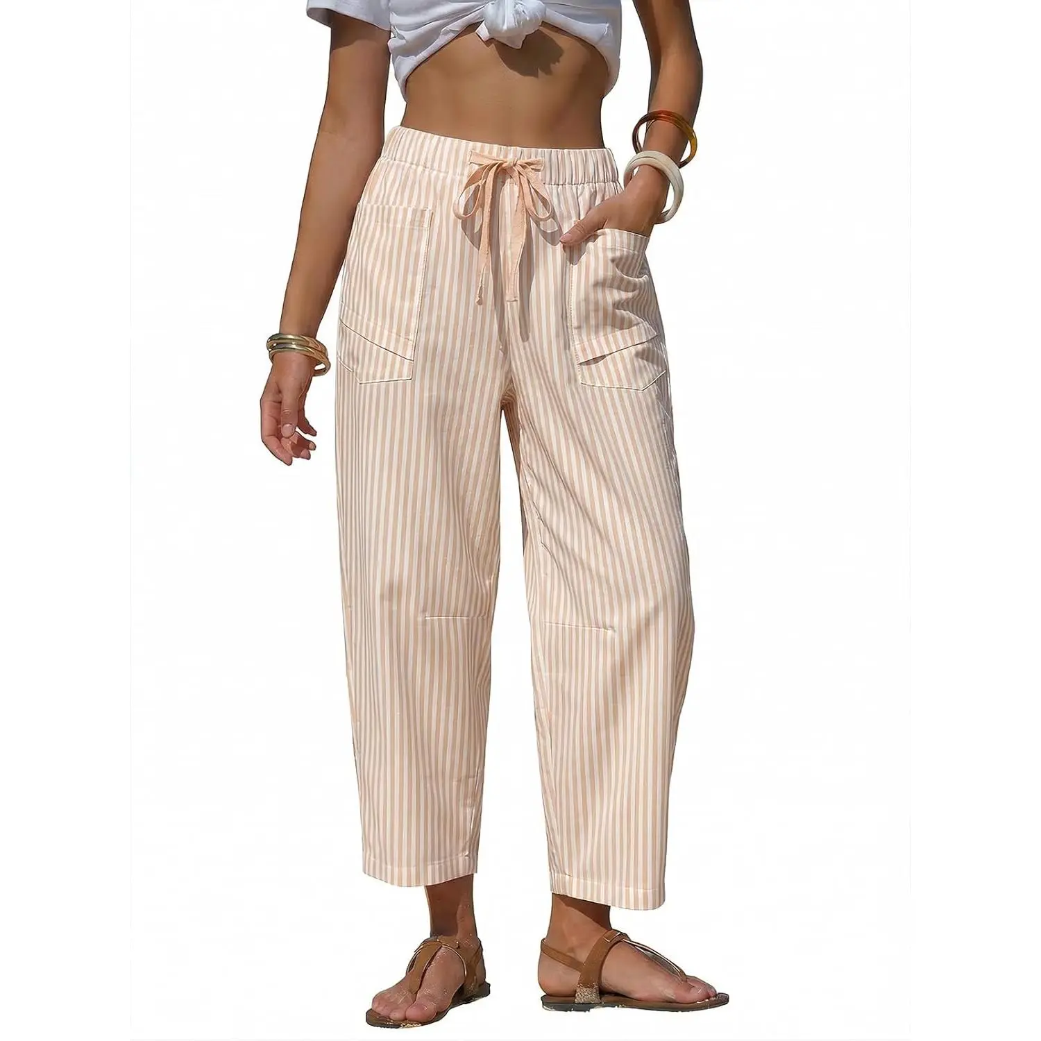Womens Summer Faux Linen Striped Barrel Pants Comfy Drawstring Capri Pant with Pockets Beach Vacation Lounge Trousers