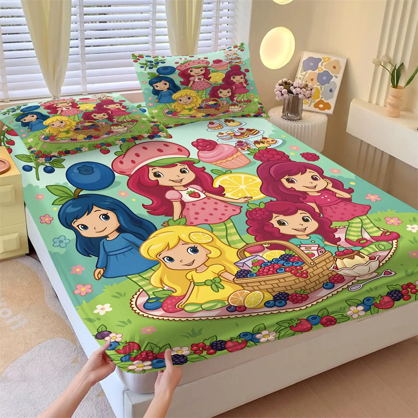 3PCS Strawberry Girl Fruit Picnic Fitted Sheet Set (1 Fitted Sheet + 2 Pillowcases),Soft Breathable Fabric,Deep Pocket Anti-Slip Full Wrap,HD Vivid Digital Print,Cute Sweet Cartoon Theme Printed Bedding Set All Season Bedding