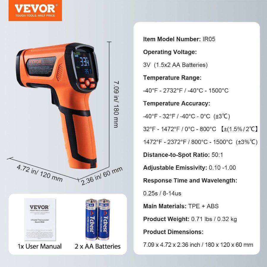 VEVOR Infrared Thermometer, -402732F Dual Laser Temperature Gun Non-Contact, Handheld IR Heat Temperature Gun with Adjustable Emissivity for Metal Smelting/Cooking/Pizza Oven/Engine(Not for Human) VEVOR Infrared Thermometer, -402732F Dual Laser Temperature Gun Non-Contact, Handheld IR Heat Temperature Gun with Adjustable Emissivity for Metal Smelting/Cooking/Pizza Oven/Engine(Not for Human)
