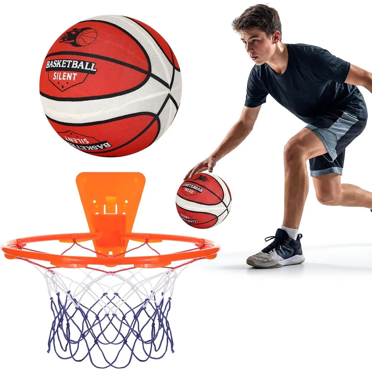 Silent Basketball and Hoop Set Indoor Size 7 Soft Fabric Cloth Covered Basketball No Noise for Indoor Dribbling and Shooting Practice Ideal for Teens Adults