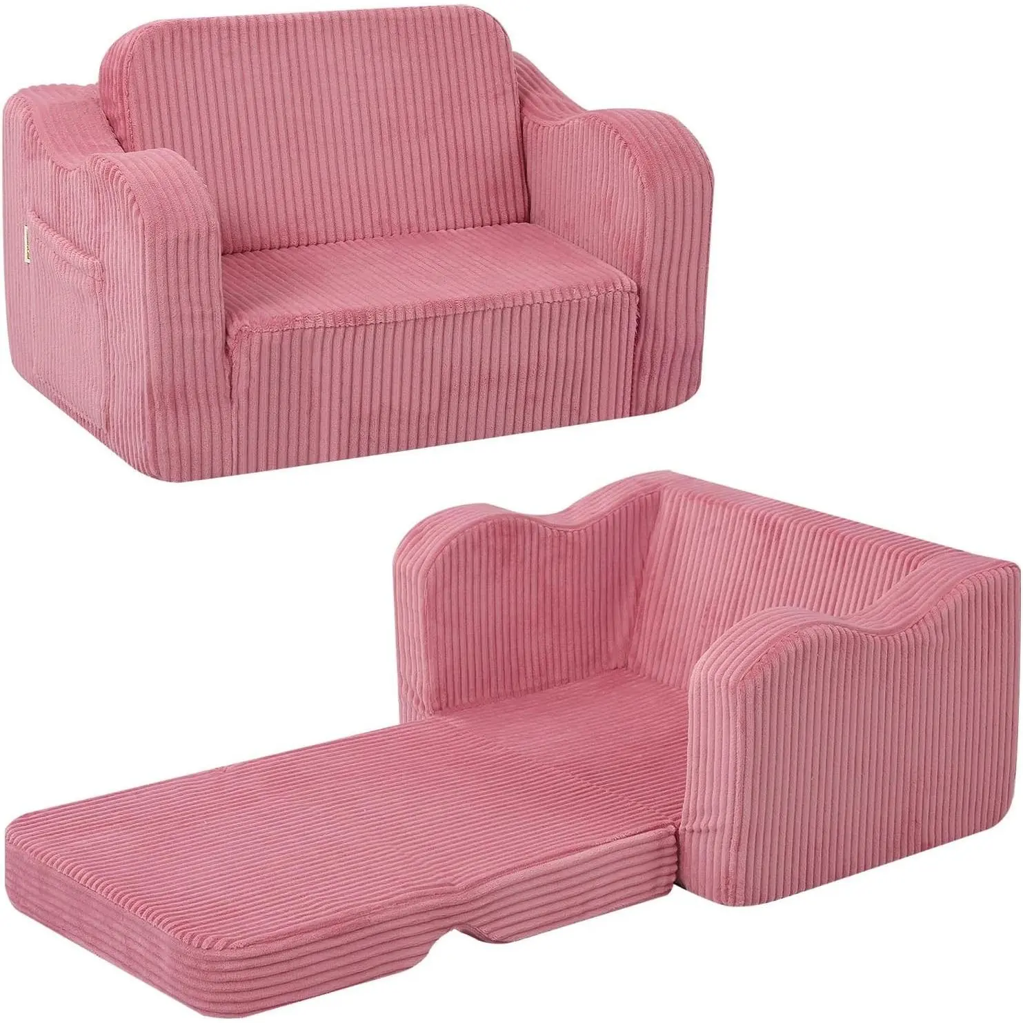 Compact Blush Pink Corduroy Kids Chair - 2-in-1 Fold-Out Recliner Couch for Girls Ages 3+, Comfy Foam Sofa with Washable Cover for Playroom, Bedroom