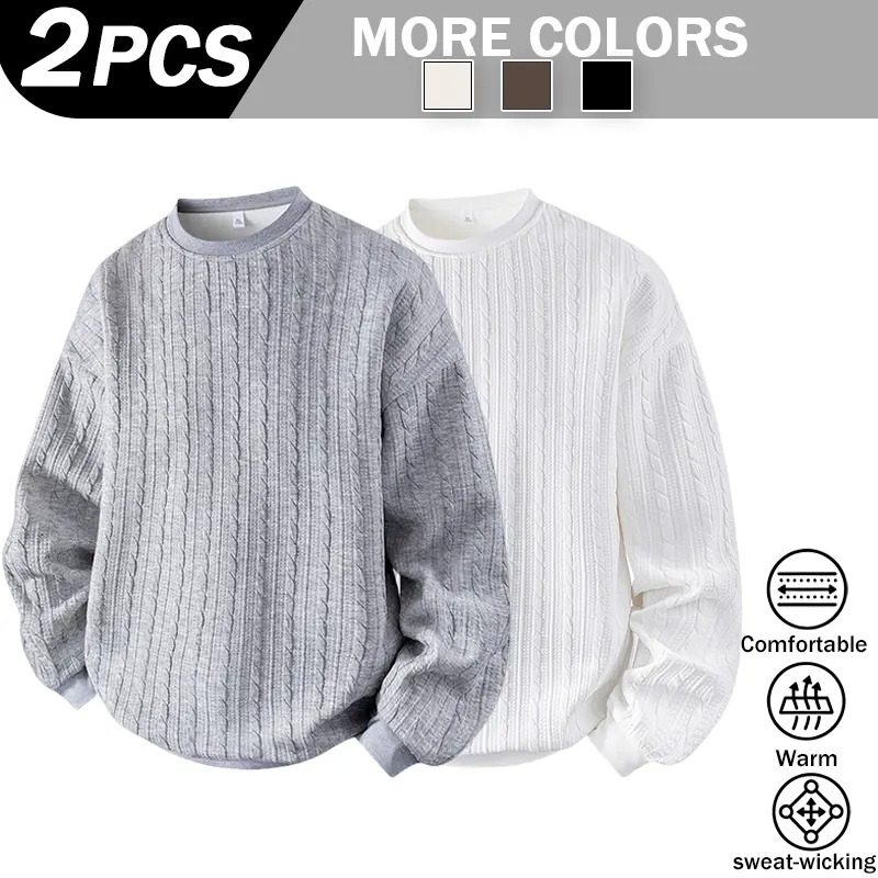 2‑Pack Men Cable Knit Textured Crew Neck Sweatshirt, Fashion Ins‑Style Loose Long‑Sleeve Pullover Top, Trendy Design‑Focused Casual Sweatshirt for Spring Autumn Daily Street Outfits