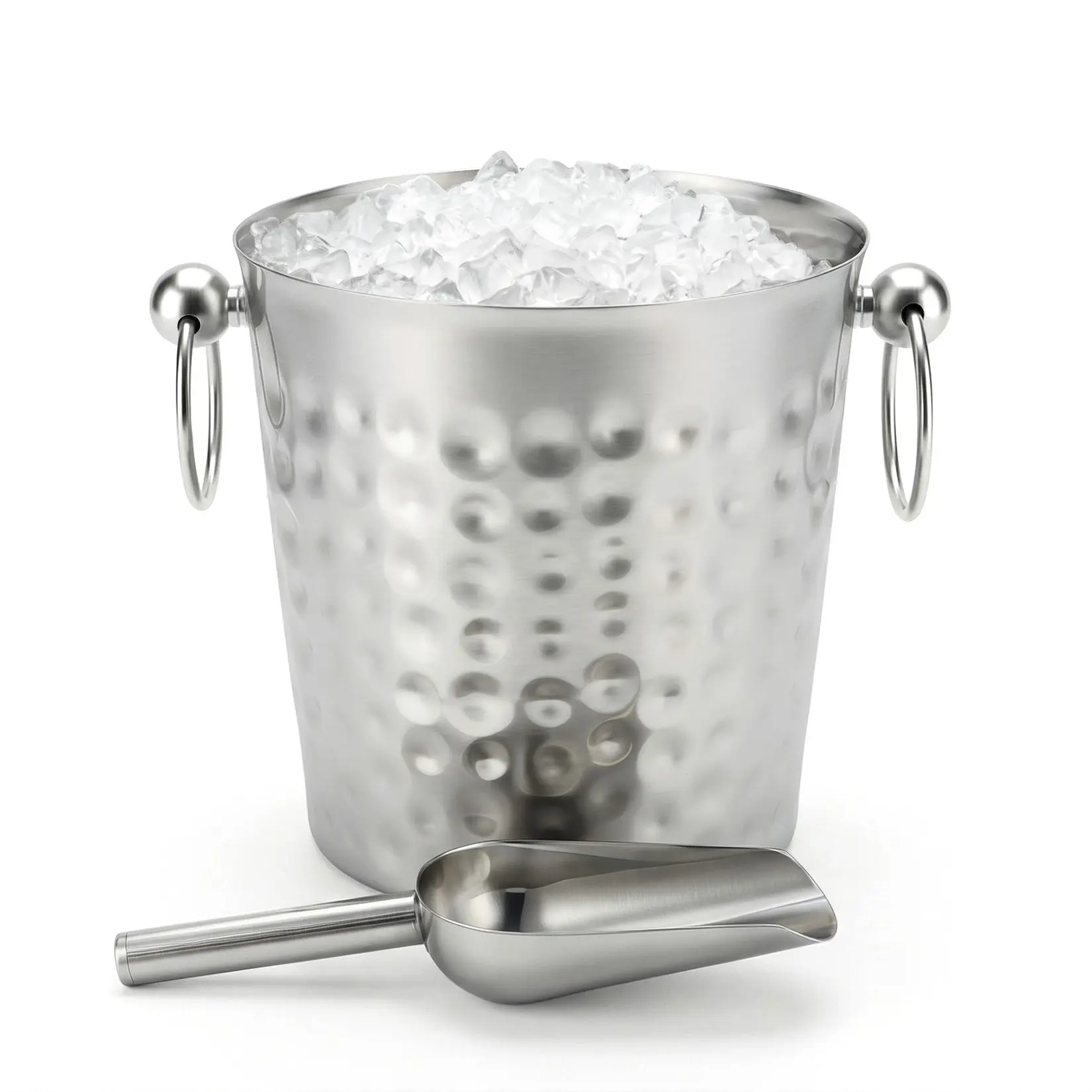 Hand-Hammered Stainless Steel Ice Bucket 3L with Scoop – Durable, Elegant Bar Accessory for Home, Parties, and Kitchen – Keeps Ice Cold Longer – Silver
