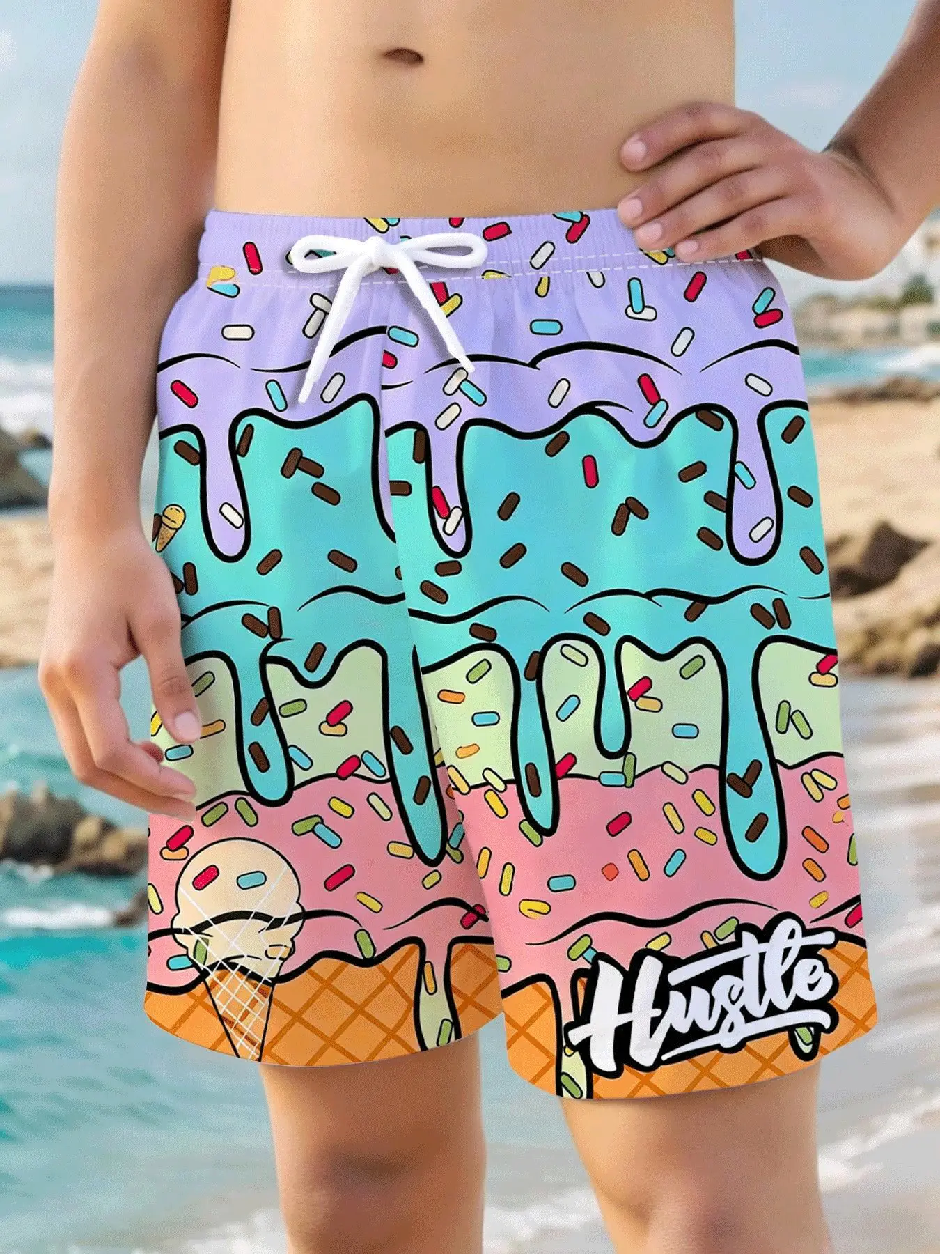 Boys' Ice Cream Print Swim Trunks, Elastic Waist Beach Shorts, Comfortable Kids Clothing, Summer Swimwear, Ideal for Vacation and Leisure