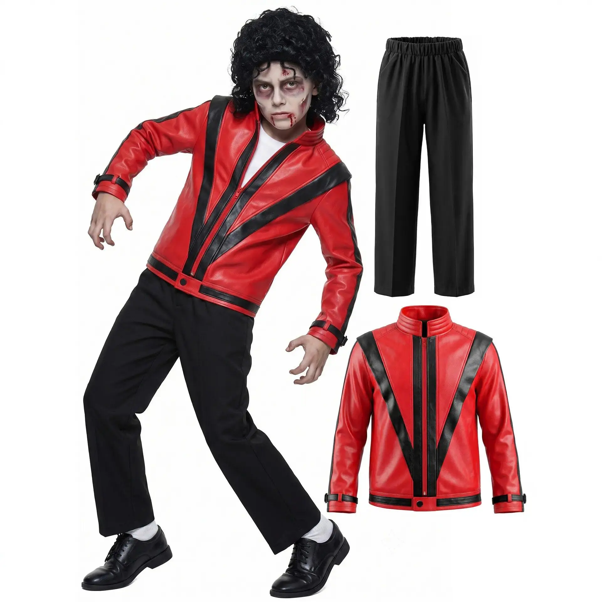 Michael Jackson Thriller Zombie Plain Clothes Costume - 2pc Spooky Pop Star Cosplay Set, Red Faux Leather Jacket & Black Pants, Halloween Party Stage Performance Outfit