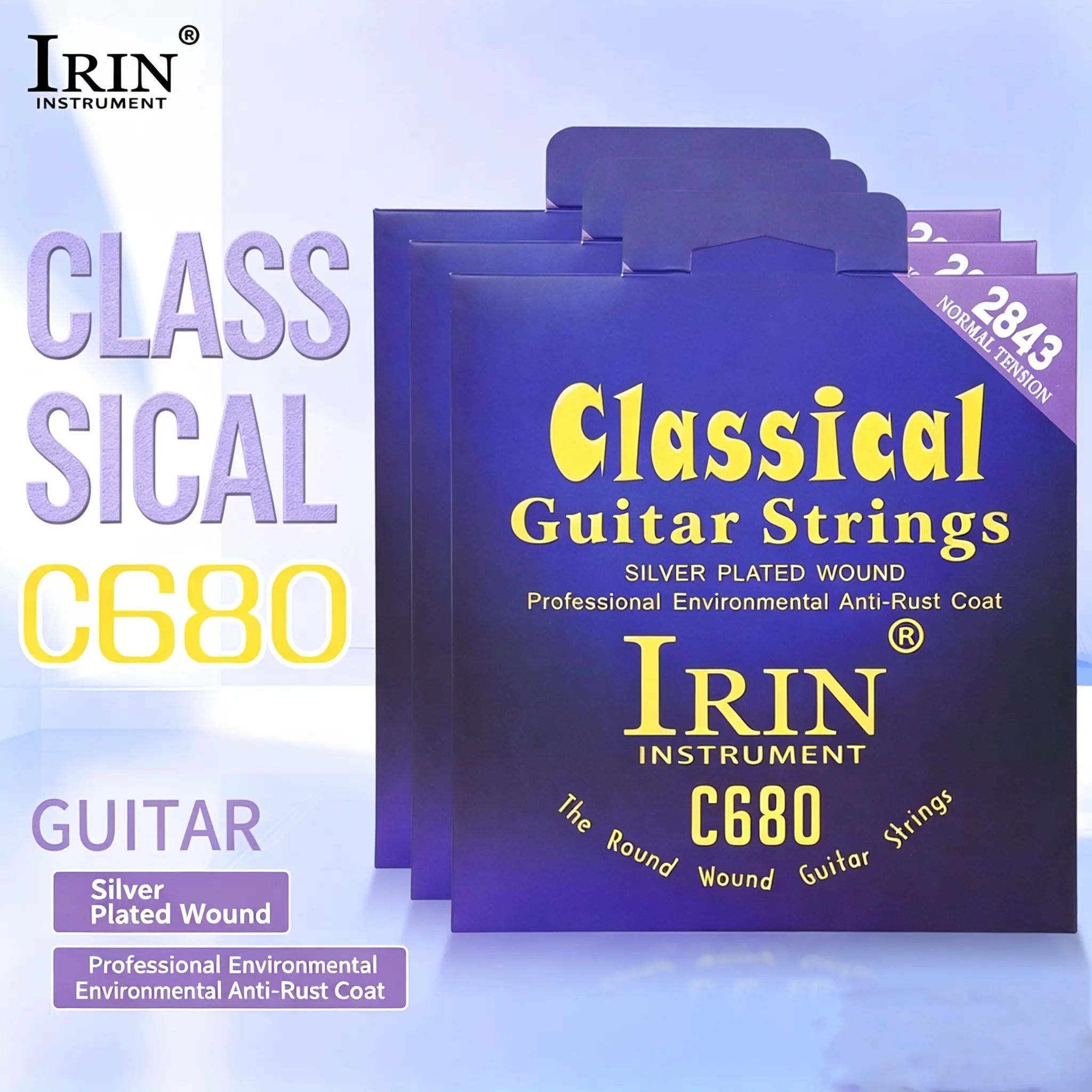 Irin C680 Nylon Classical Guitar Strings Set, Silver Color Wound, Eco-Friendly Anti-Rust Coating, 28.43 Regular Tension, Rich Sound