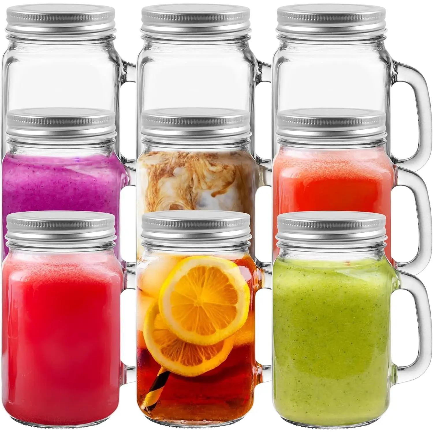 16 oz Handled Glass Mason Jars with ,9 Pack Drinking Mason Jars | 480ml  Glass Overnight Oats Jar, Mugs for Smoothies,Preserve,,Party Favors