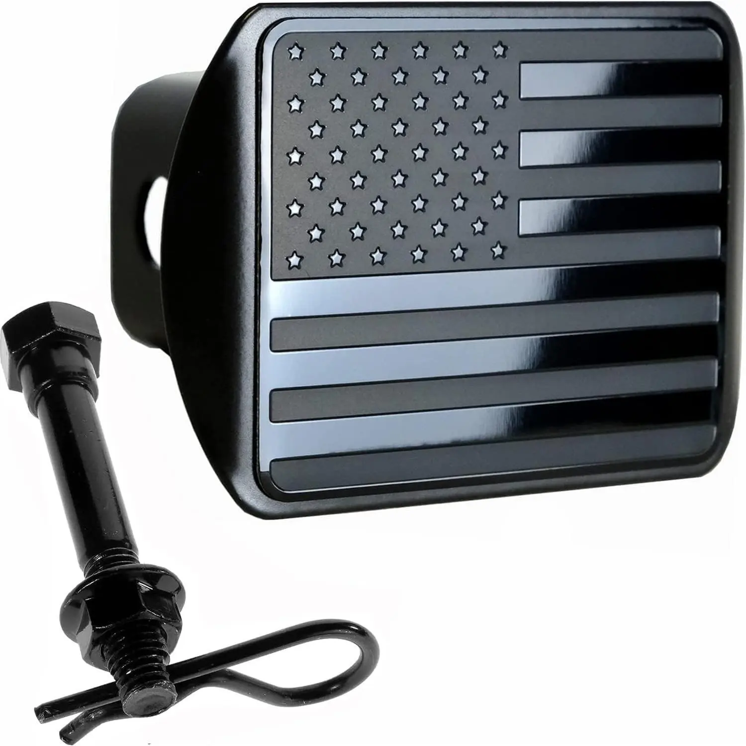 Black USA Embossed Metal Flag Emblem Cover with Anti-Rattle Hitch Pin Bolt - Waterproof, Durable, UV Resistant, 4x3 in, Fits 2" Standard Receivers, All-Weather Sports & Outdoor Accessory