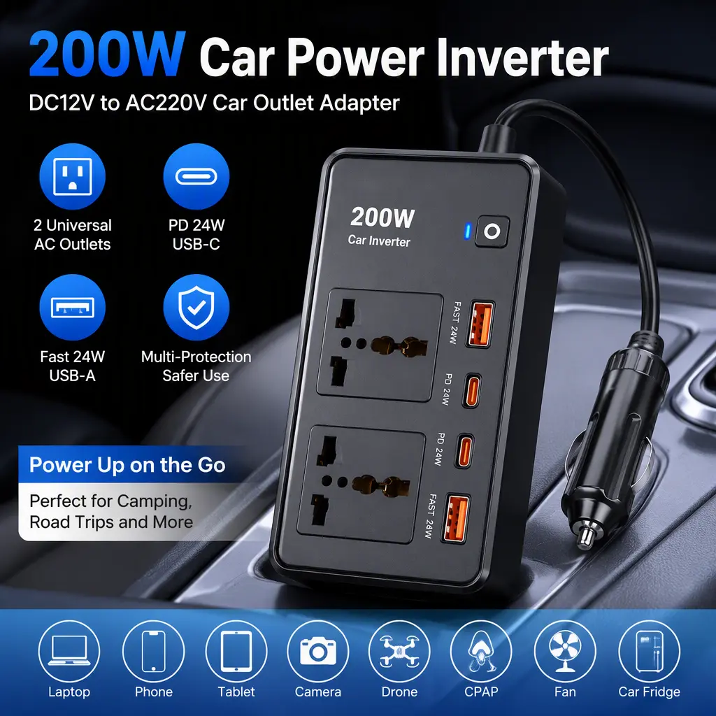 Multi‑Port 200W Car Power Inverter, DC12V to AC220V Vehicle Socket Adapter, Universal AC Outlets + PD 24W USB‑C & Fast USB‑A Ports, Plug‑in Car Power Converter for Cars, RV and Camping