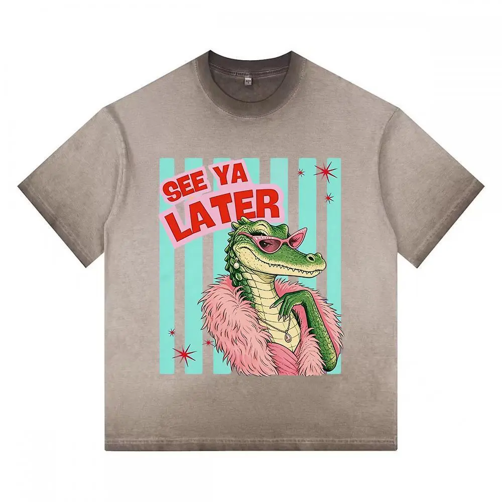 See Ya Later Cool Crocodile Graphic Washed T-Shirt Retro Y2K Funny Alligator Tee