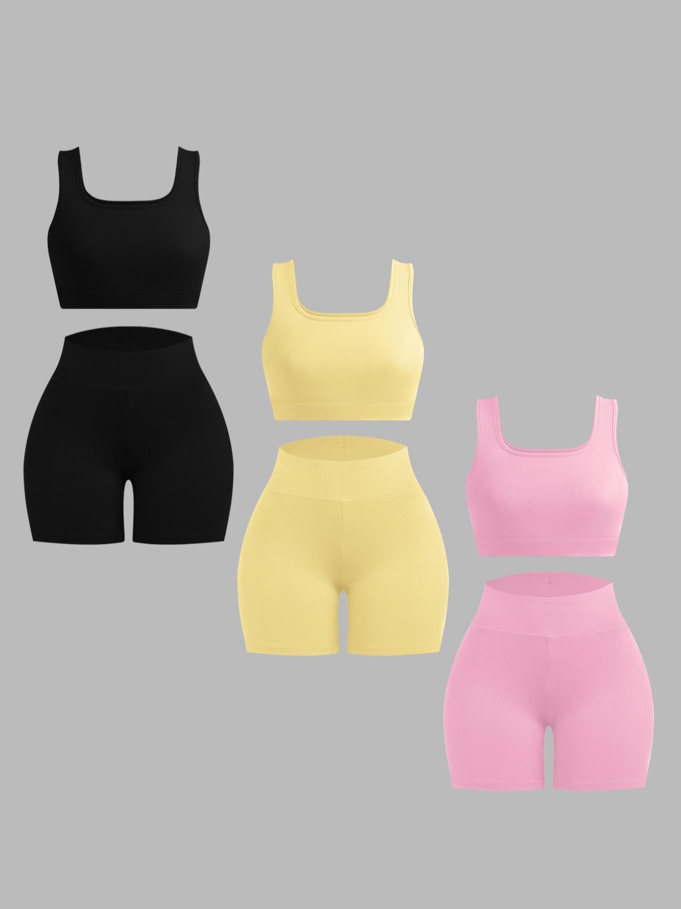 Women's Solid Crop Tank Top & High Waist Shorts Ribbed Set, Casual Sleeveless Square Neck Crop Top & Skinny Shorts, Ladies Summer Outfits 2024 for Daily Wear Workout Set, Athleisure Wear Set