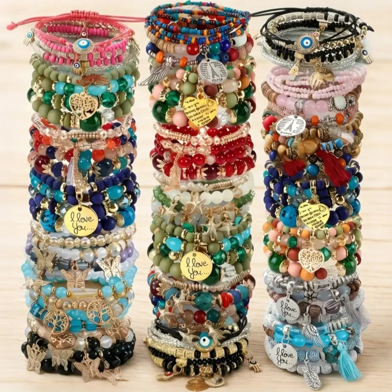 Halloween Christmas 12/16/24Pcs Bohemian Beaded Bracelet Set for Women & Multilayer Stackable Stretch Elastic Bands with Pastel & Vibrant Colors - Layered Bead Jewelry Gift for Beach Festival, Daily