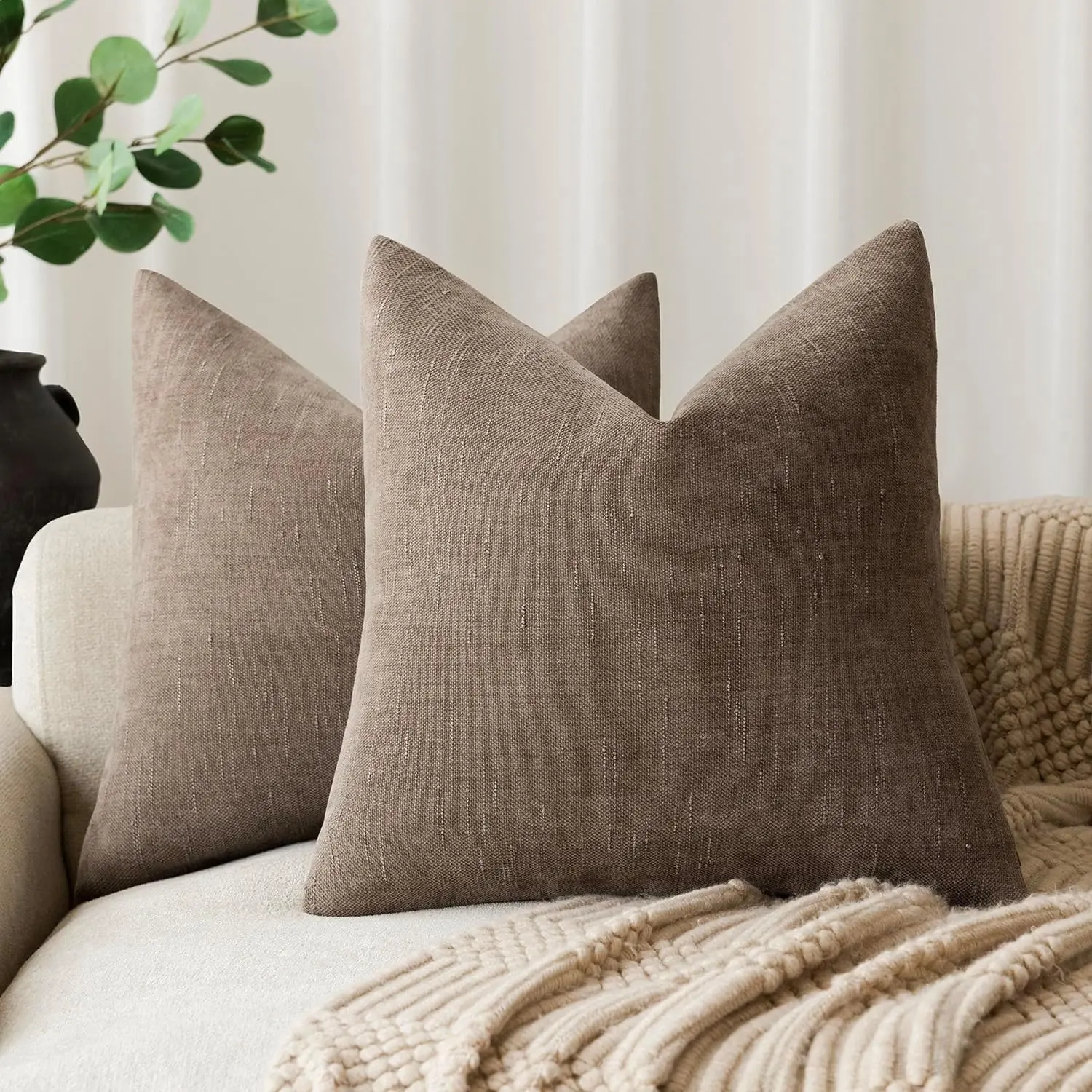 Pack of 2 Soft Textured Chenille Throw Decorative Pillow Covers Square Accent Solid Cushion Cover Cozy Farmhouse Pillow Case with Zipper for Couch Sofa Bedroom Living Room 22x22 Inch, Taupe