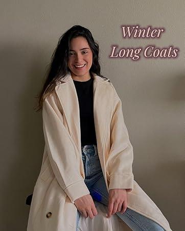 Women's Long Coat Notched Lapel Collar Double Breasted Pea Coat Winter Elegant Wool Blend Over Coats Jackets