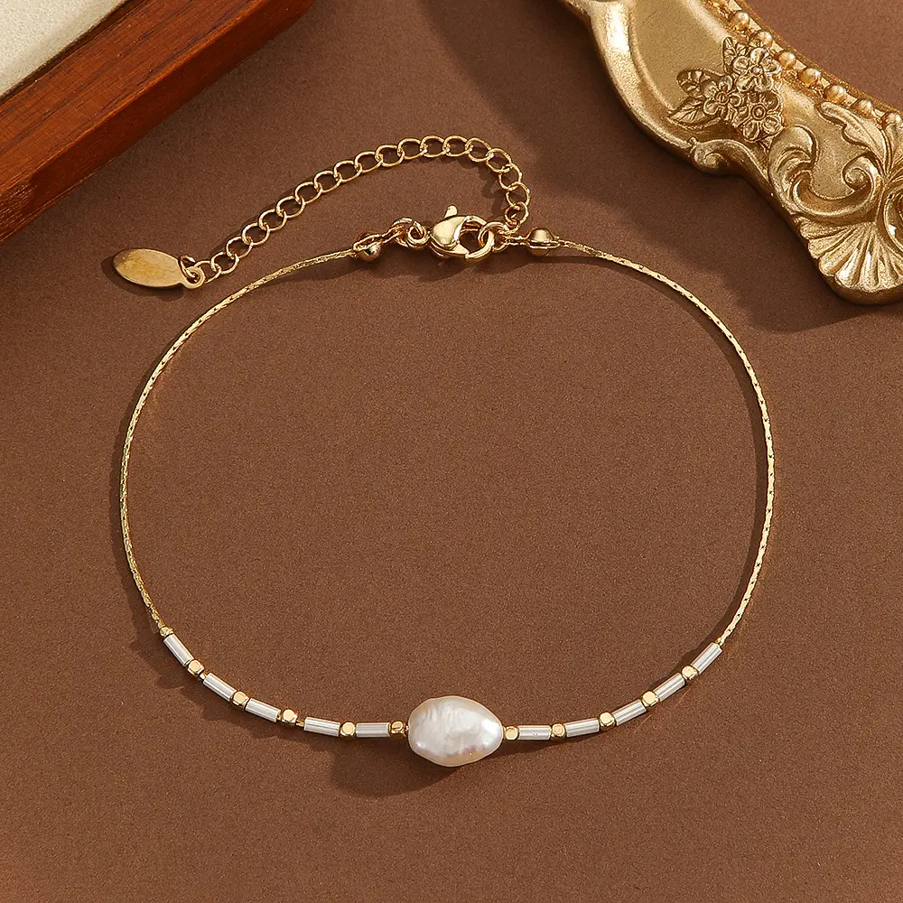 New natural pearl high-end bracelet for women, titanium steel, colorfast, simple and versatile, light luxury niche stainless steel anklet