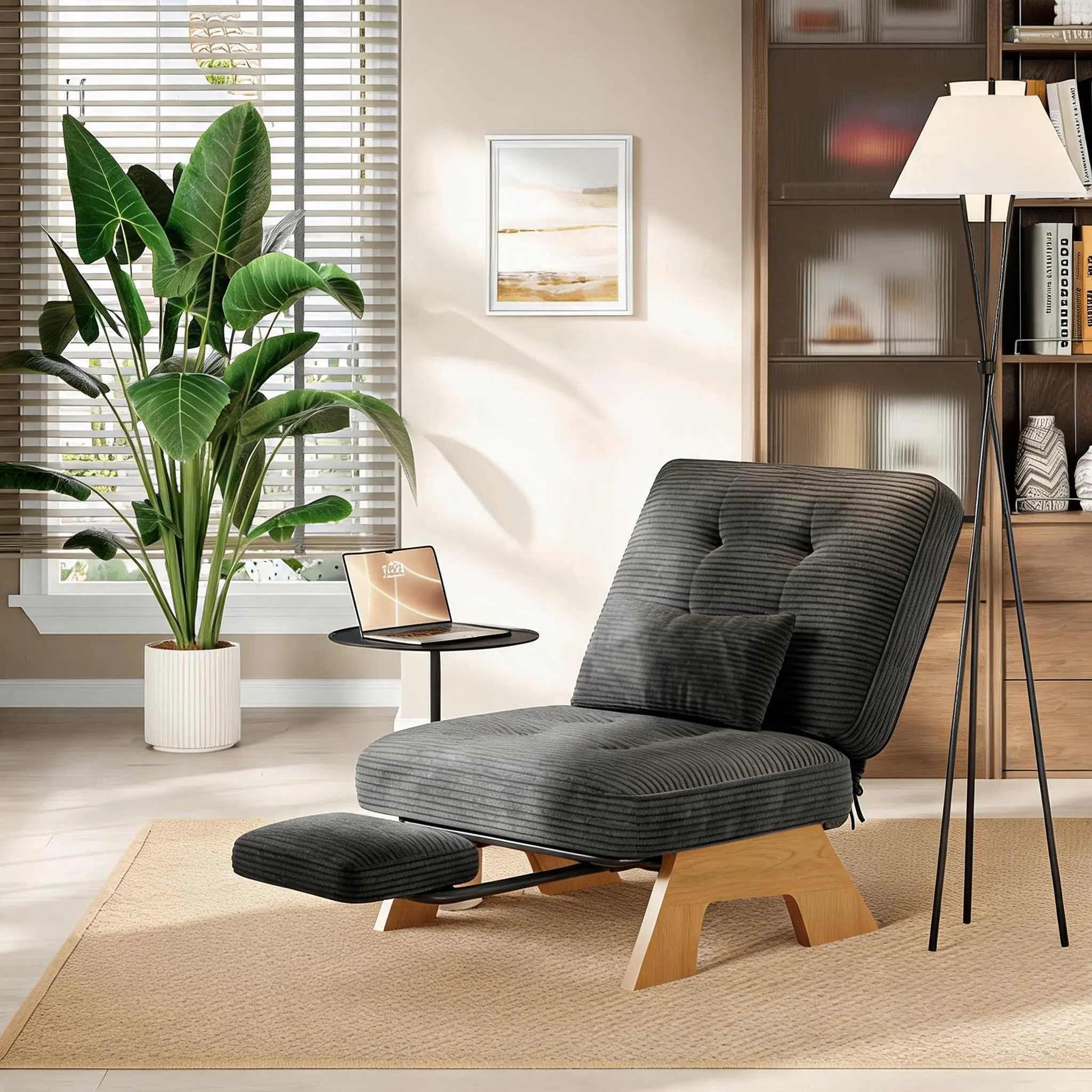 Modern Corduroy Accent Chair - Adjustable Backrest, Pull-Out Footrest, Rubberwood Frame, Lumbar Support Pillow - Upholstered Armchair for Living Room or Bedroom - Dark Gray