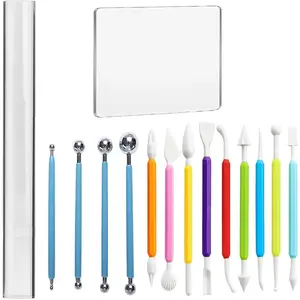 15Pcs Polymer Clay Sculpting Tools Kit for Beginners, Includes Acrylic Roller Pin, Clear Rectangle Press Board, Double-Ended Pottery Carving Tools