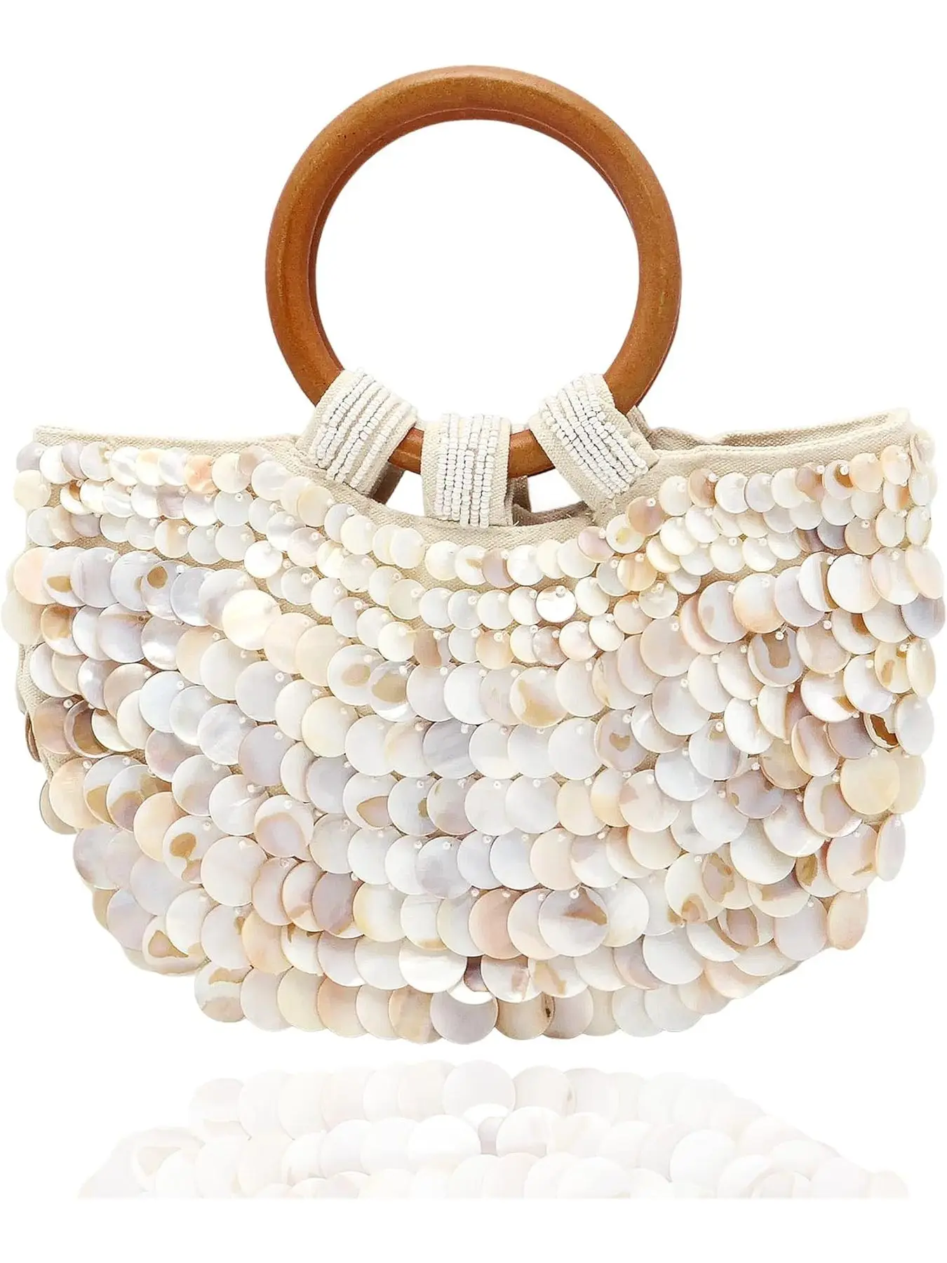 Miuco Shell Purse Women's Handmade Shell Beaded Clutch Bag Beach Wooden Top Handle Bag