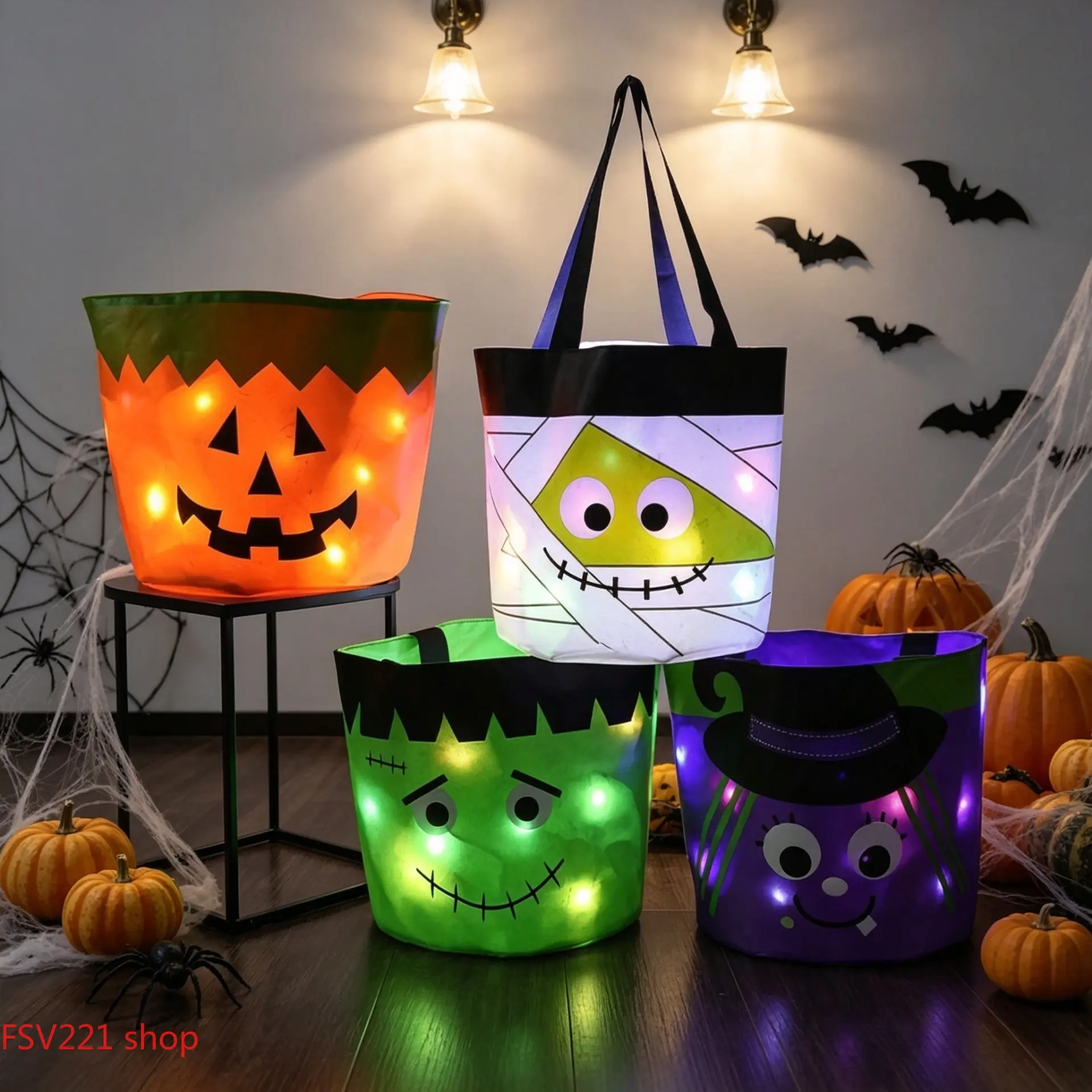 Kids' Light-Up Halloween Trick-or-Treat Candy Bucket Set - Spooky Multi-Character LED Tote Bags, Lightweight Reusable Gifts for Trick-or-Treating Parties, Camping Essentials with LED Lights