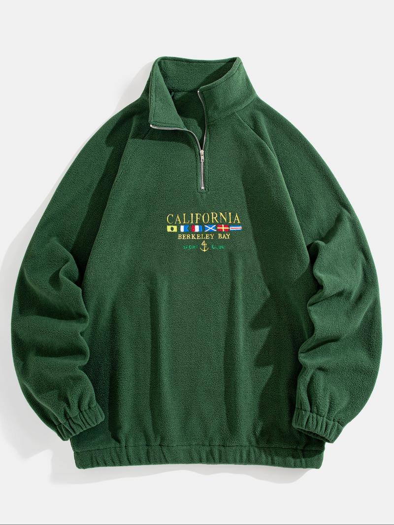 Men's Letter & Flag Embroidery Zip Up Sweatshirt, Casual Raglan Sleeve Long Sleeve Stand Collar Sweatshirt for Fall & Winter, Fashion Men's Clothes for Daily Wear