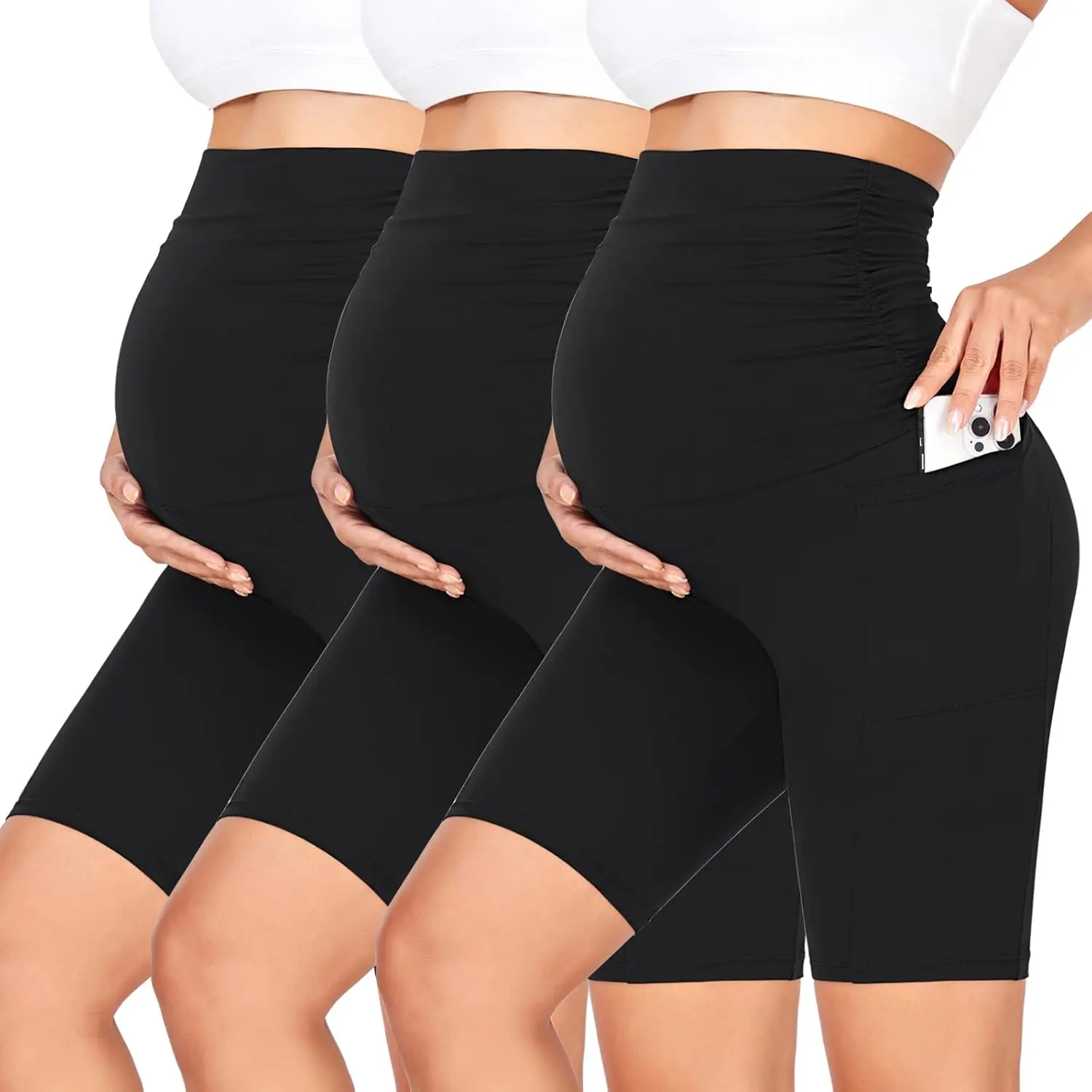 3 Pack Women's Maternity Shorts Over Belly with Pockets - 8'' High Waisted Workout Yoga Pregnancy Biker Shorts