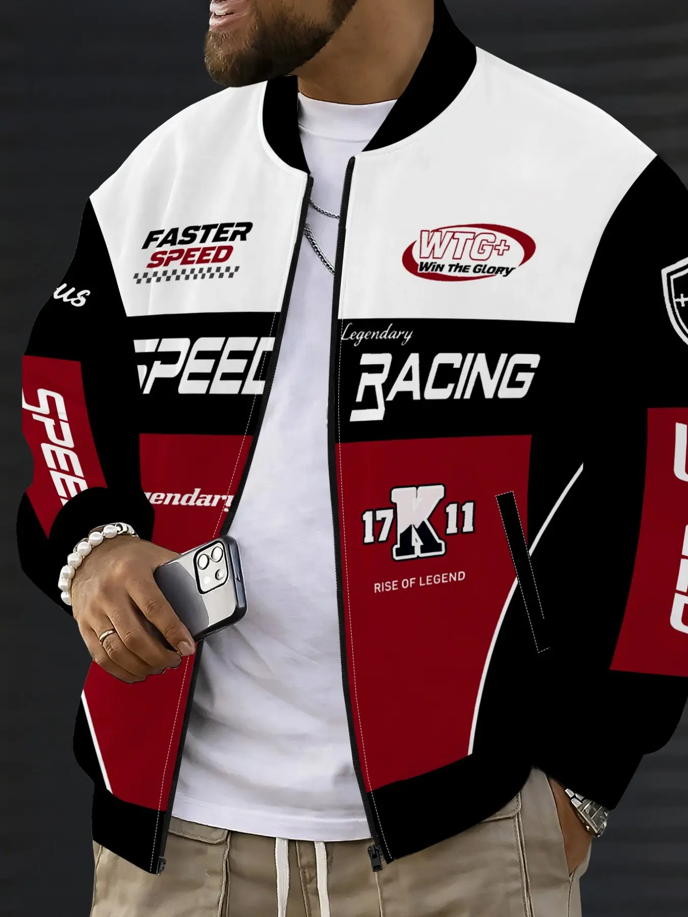 Men's Graphic Jacket with Zipper, Slim-Fitting Casual Streetwear, Lightweight Racing Letter Print, Spring & Fall Daily Wear, Lightweight Casual Outerwear