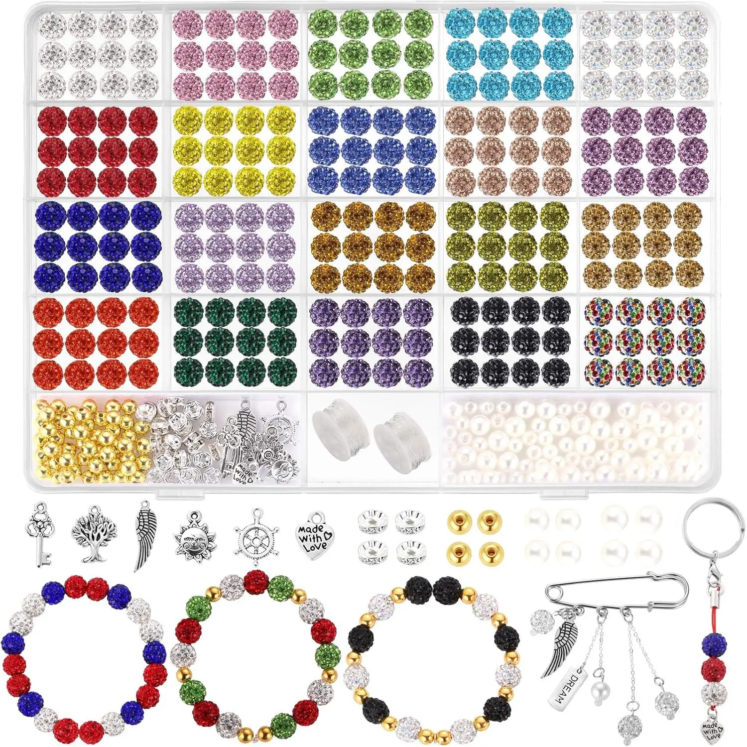 Rhinestone Beads 10mm, 408 count Disco Ball Beads Set for  Making,  Sparkle  Clay Bead,  Bead with Charms Spacer Beed for Bracelet Necklace Earring Crafting