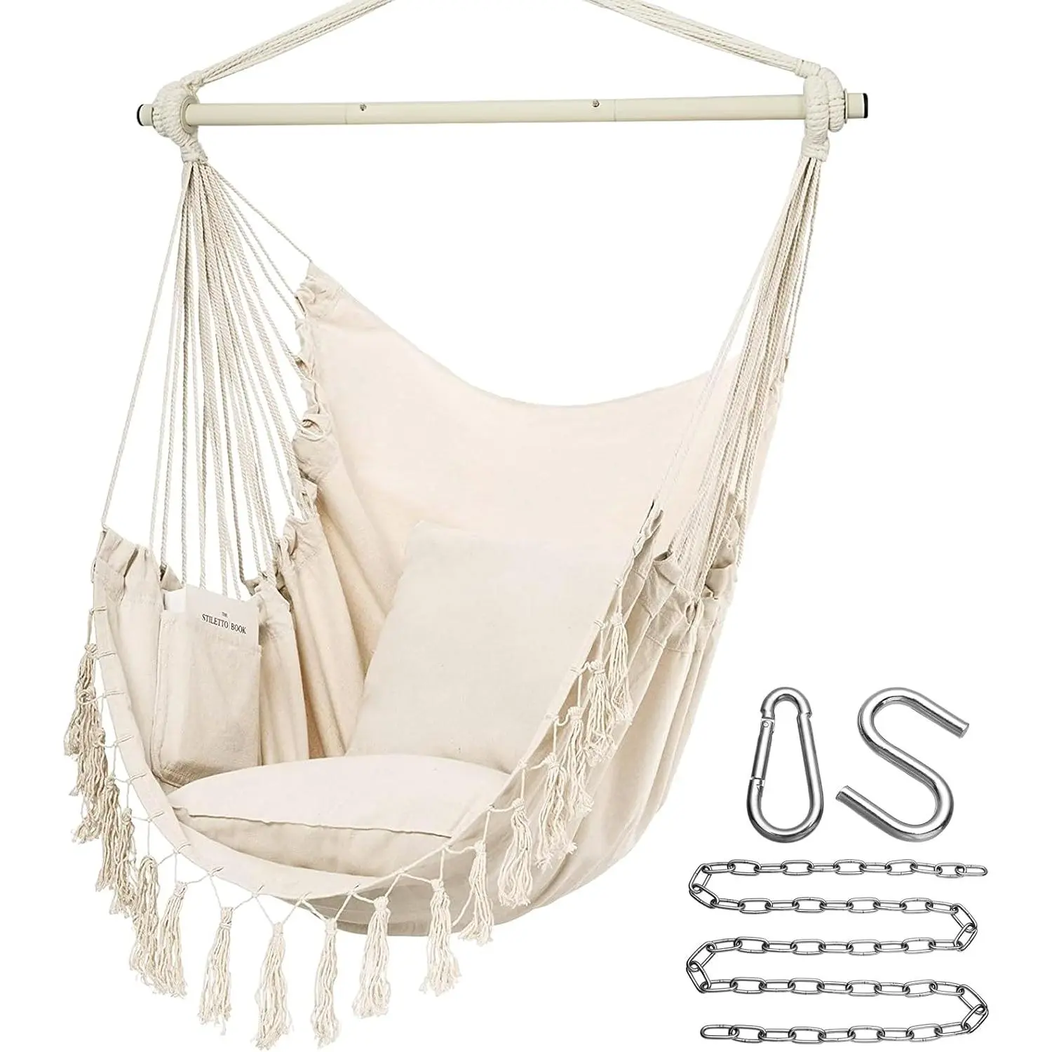 Hammock Chair Hanging Rope Swing, Max 500 Lbs, 2 Cushions Included, Large Macrame Hanging Chair with Pocket for Superior Comfort, with Hardware Kit (Beige)
