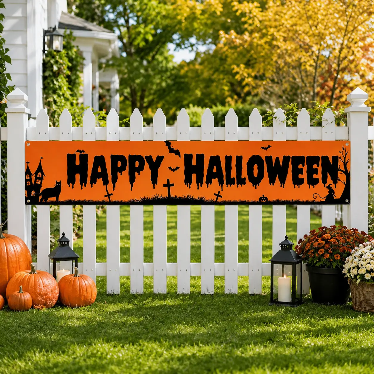 Halloween Banner 1 Pack Durable Polyester Outdoor Decoration with Bats, Ghosts, Cats, Witches & Haunted Houses Happy Halloween Yard Flag for Fence, Courtyard, Party Decor (No Electricity Needed) Halloween Decorations 2D Flat